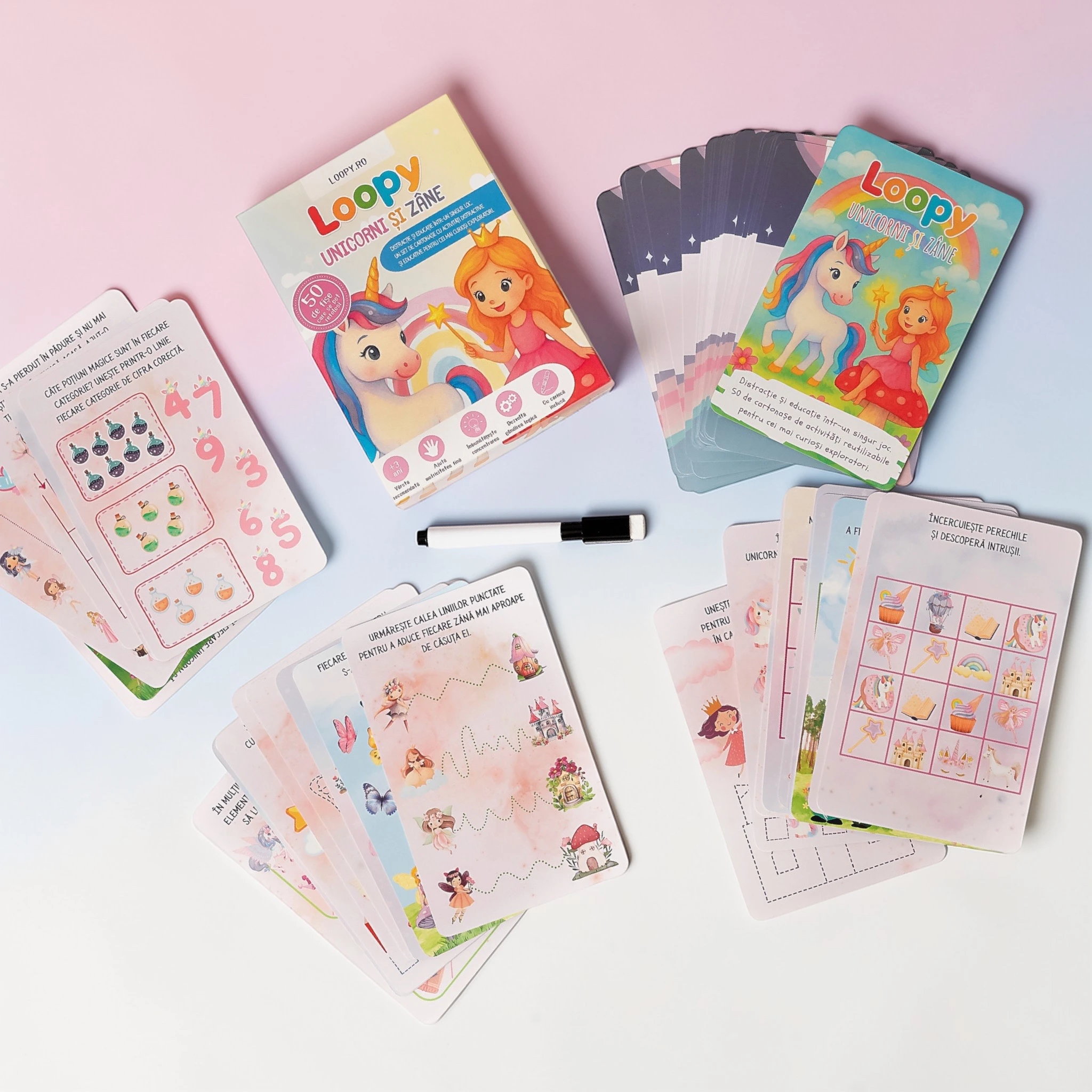 Loopy – set cartonase reutilizabile pentru copii unicorni si zane Loopy – set cartonase reutilizabile pentru copii unicorni si zane