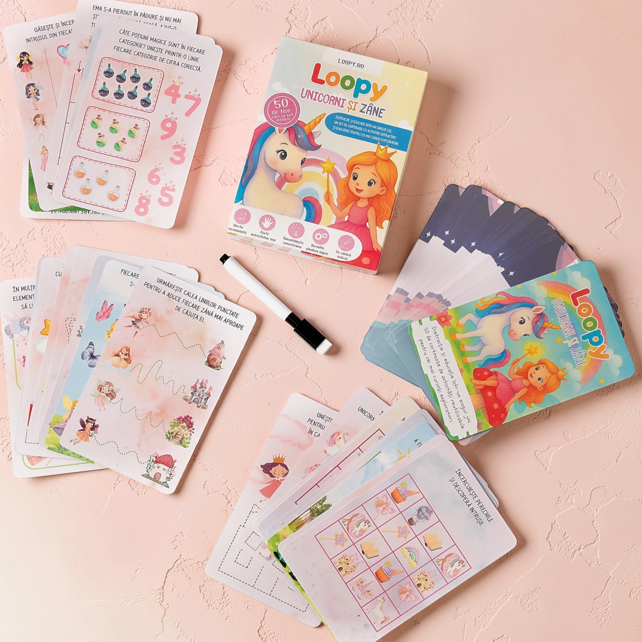 Loopy – set cartonase reutilizabile pentru copii unicorni si zane Loopy – set cartonase reutilizabile pentru copii unicorni si zane