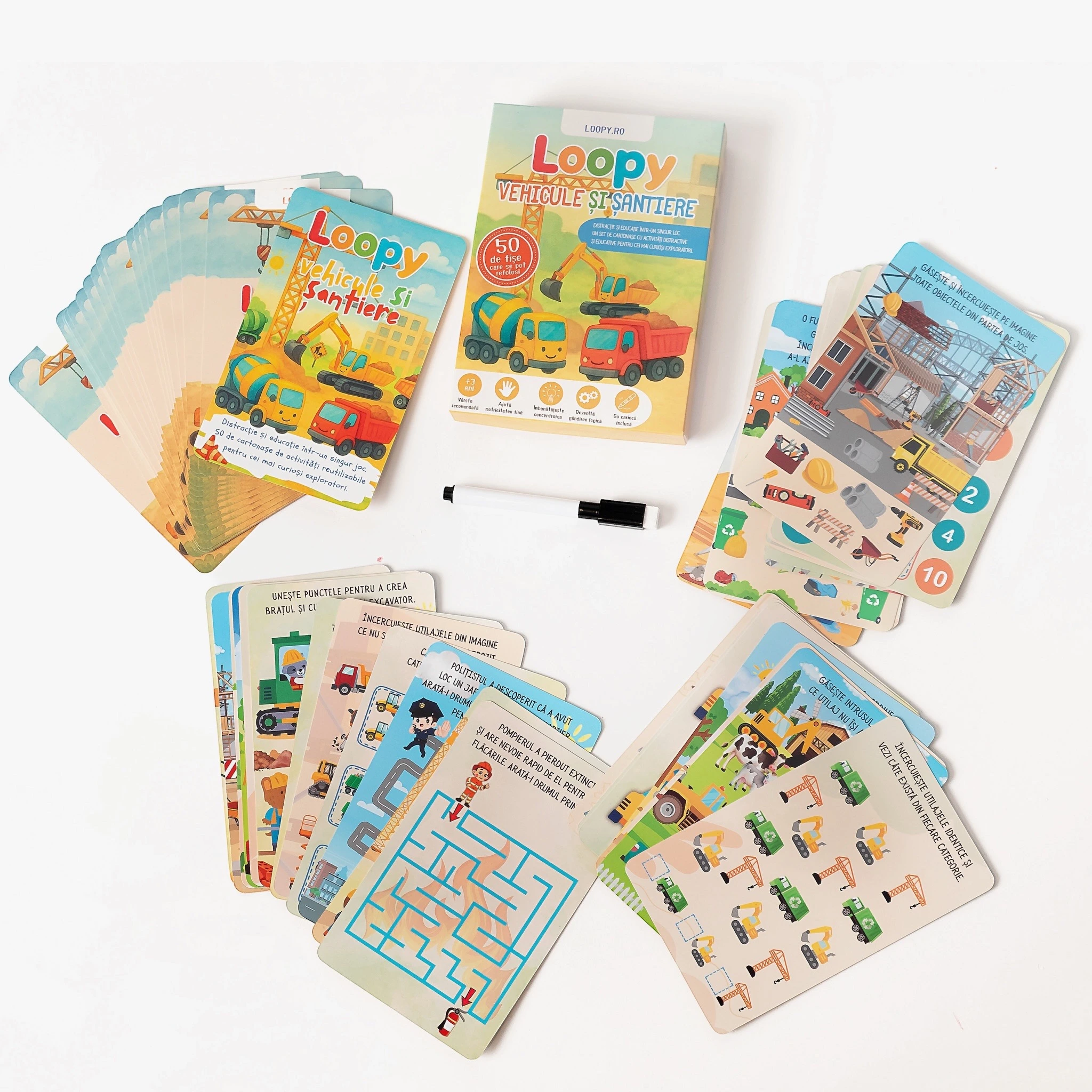 Loopy – set cartonase reutilizabile pentru copii vehicule si santiere Loopy – set cartonase reutilizabile pentru copii vehicule si santiere