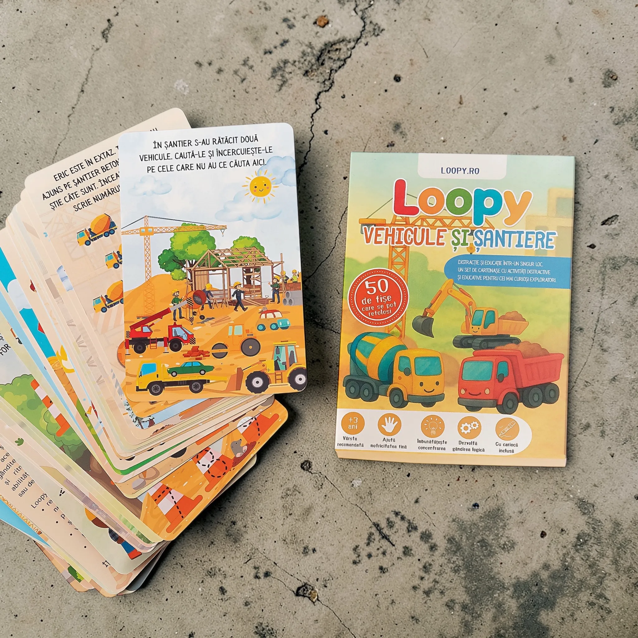 Loopy – set cartonase reutilizabile pentru copii vehicule si santiere Loopy – set cartonase reutilizabile pentru copii vehicule si santiere