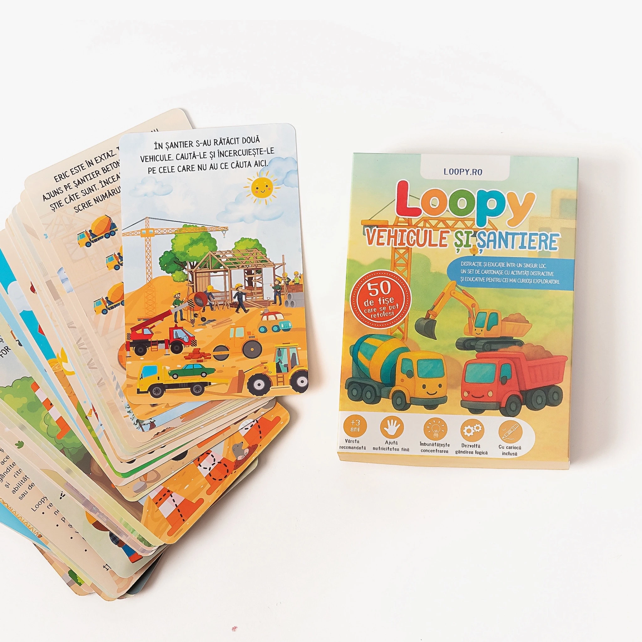Loopy – set cartonase reutilizabile pentru copii vehicule si santiere Loopy – set cartonase reutilizabile pentru copii vehicule si santiere