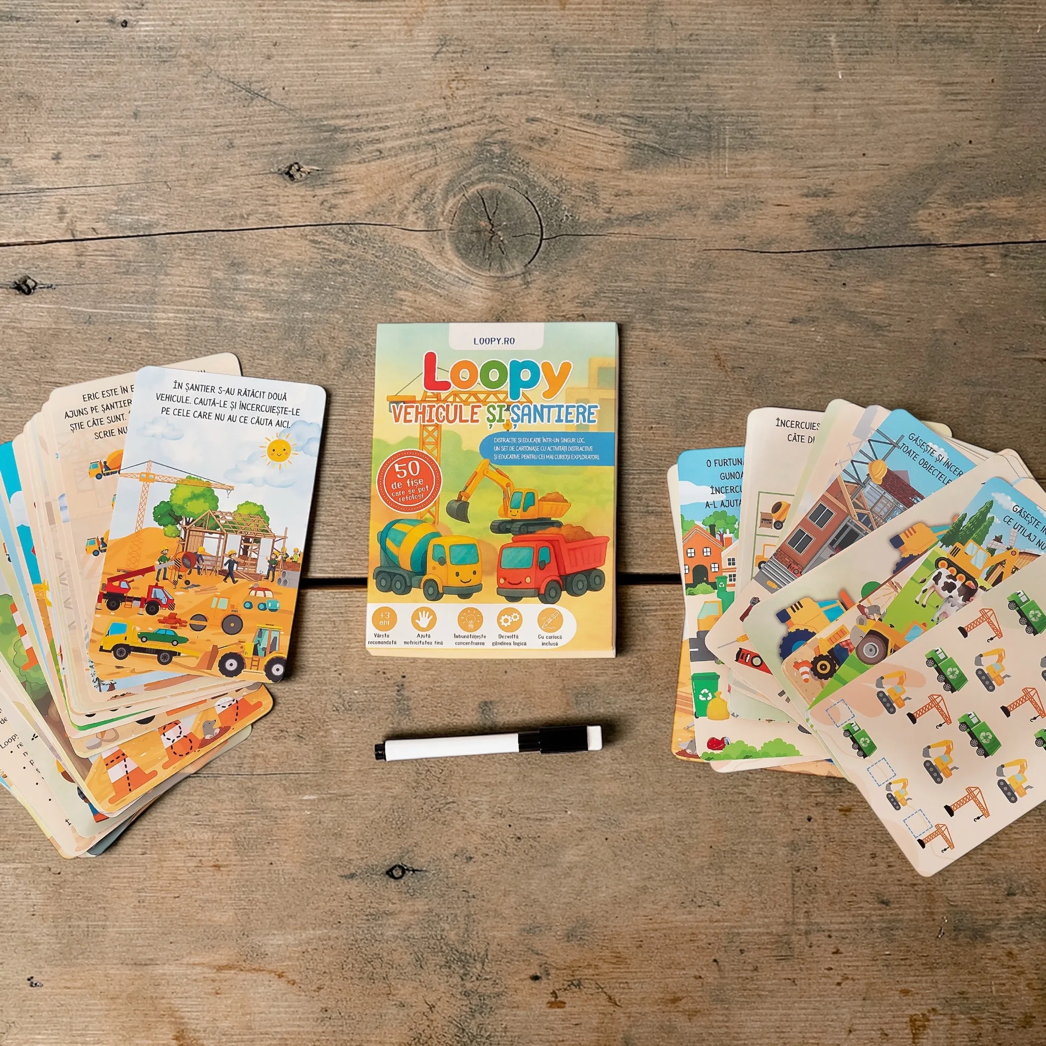 Loopy – set cartonase reutilizabile pentru copii vehicule si santiere Loopy – set cartonase reutilizabile pentru copii vehicule si santiere